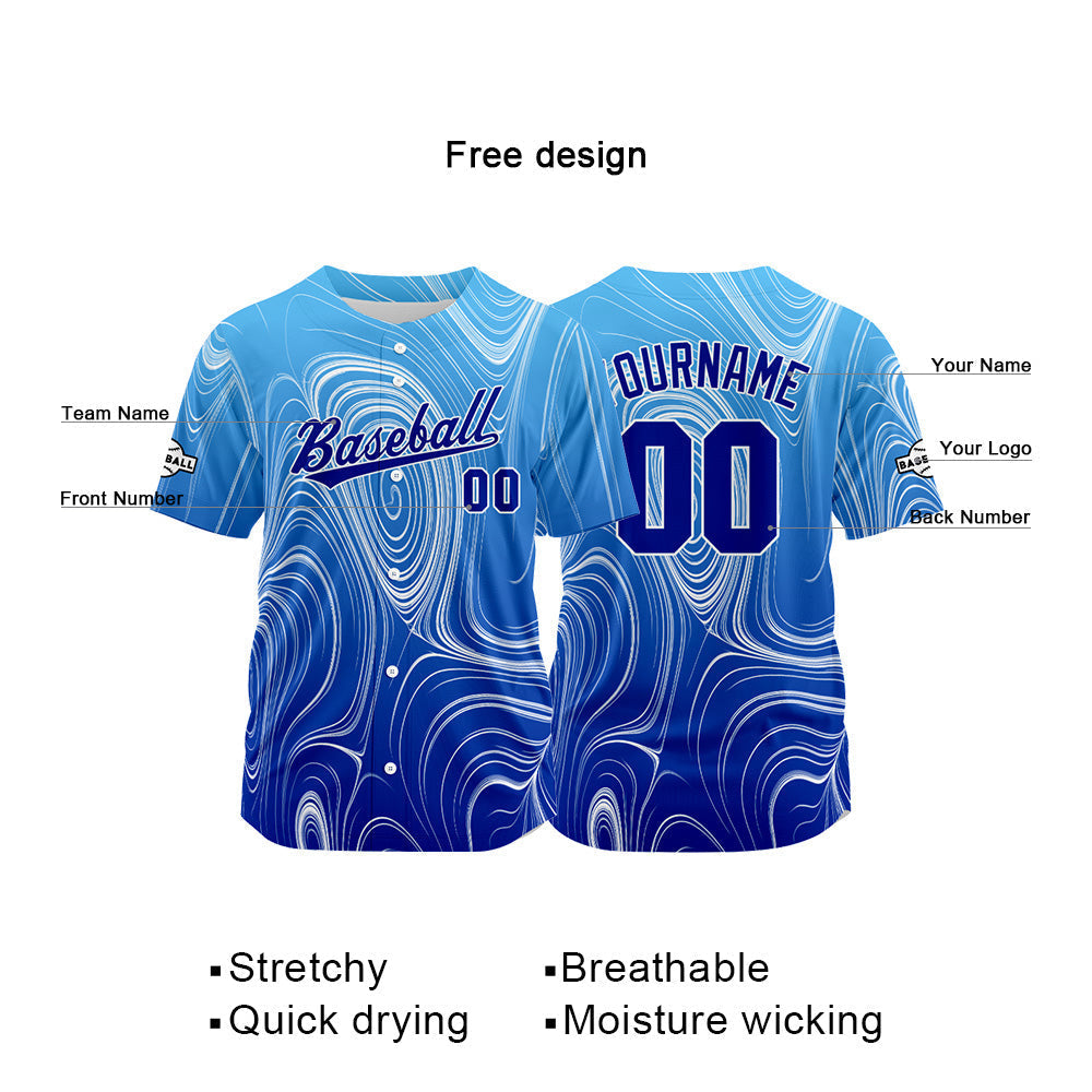 Camiseta de béisbol azul con dise?o personalizado estampado completo