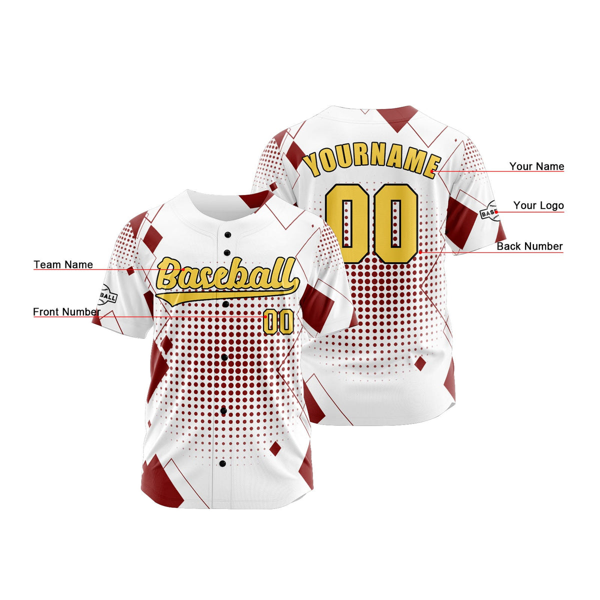 Camiseta de béisbol personalizada blanca y roja con botones para hombre mujer adulto y joven Estampado de nombre número y logotipo