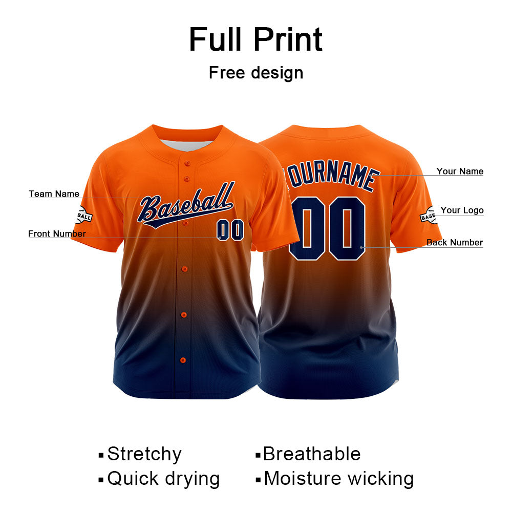 Camiseta de béisbol con dise?o personalizado estampado completo azul marino y naranja