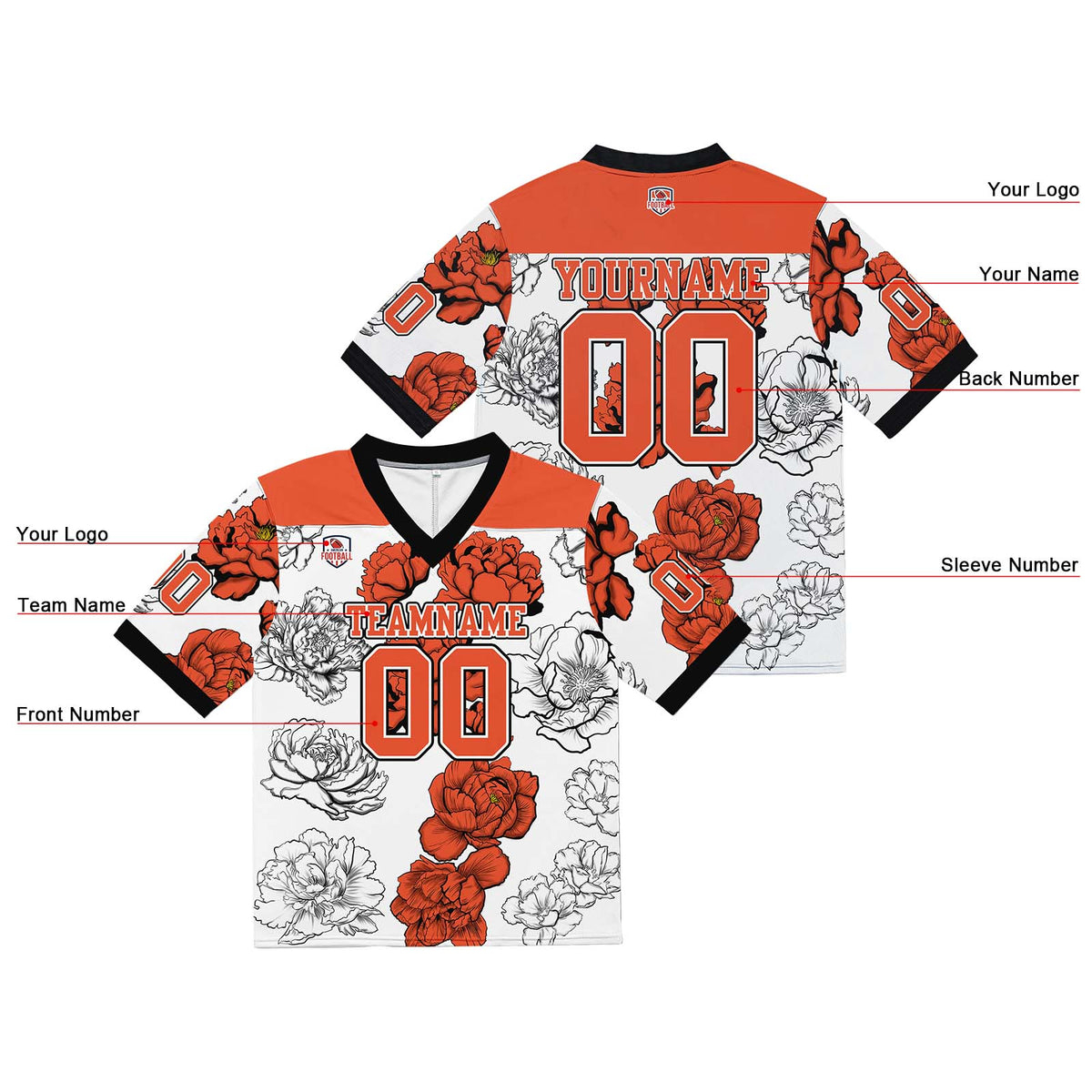 Camiseta de fútbol personalizada con nombre y número del equipo impresos y bordados-color naranja