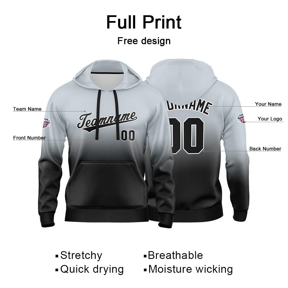 Sudadera con capucha personalizada con degradado para hombre-mujer-niña o niño Estampa tu logotipo-nombre o número Gris y negro