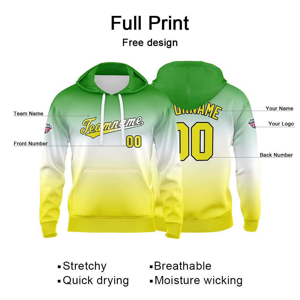Sudadera con capucha personalizada con degradado para hombre-mujer-niña o niño Estampa tu logotipo-nombre o número en verde y blanco