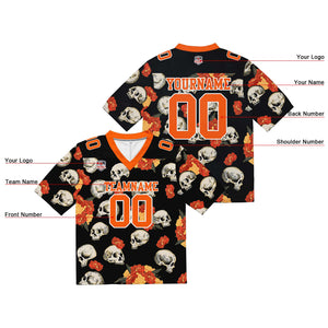 Camiseta de fútbol personalizada con nombre y número del equipo bordados y estampados en color naranja (calavera)