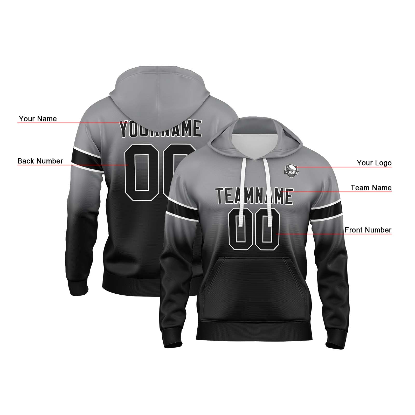 Sudadera con capucha personalizada con degradado para hombre-mujer-niña o niño Estampa tu logotipo-nombre y número Gris y negro