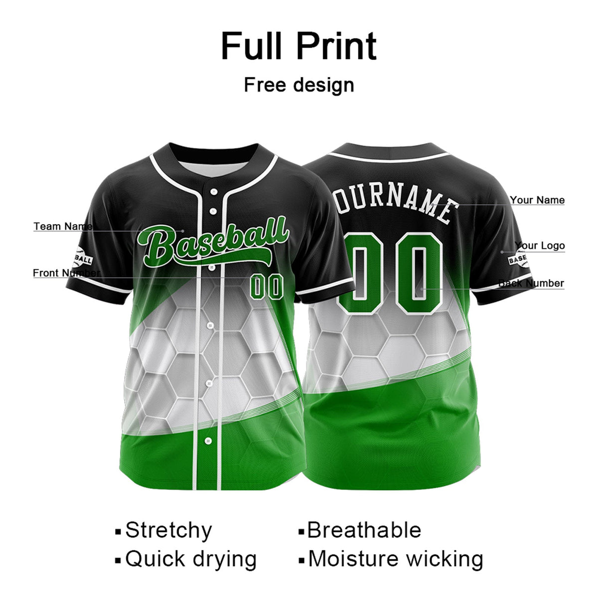 Camiseta de béisbol personalizada negra y verde con botones para hombre mujer adulto y joven Estampado de nombre número y logotipo