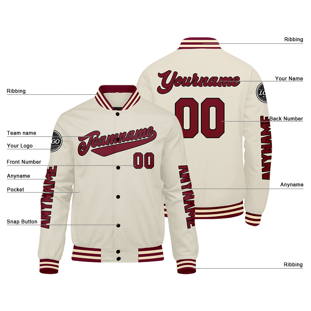 Chaquetas universitarias personalizadas color crema carmesí para hombres & mujeres y jóvenes & Chaquetas Letterman personalizadas
