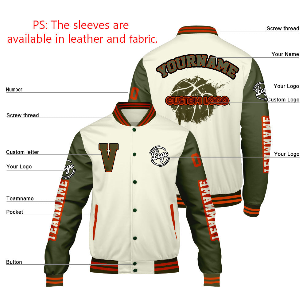Chaquetas universitarias personalizadas color crema y verde oliva para hombres & mujeres y jóvenes & Chaquetas Letterman personalizadas