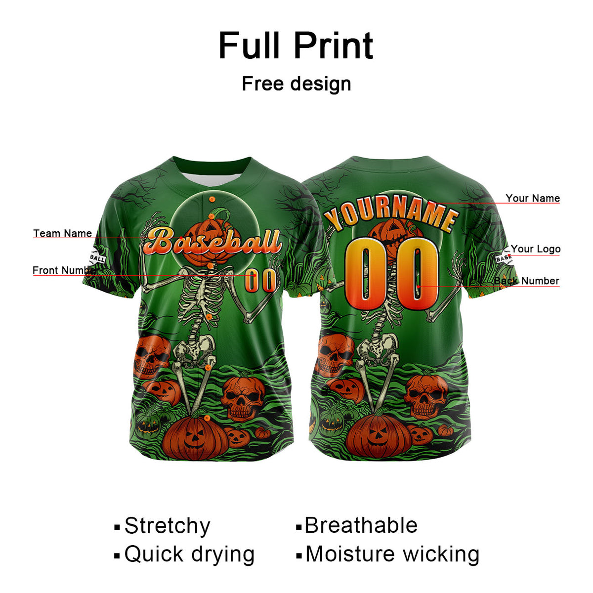 Camiseta de béisbol verde personalizada con botones para hombre mujer adulto y joven Nombre número y logotipo impresos