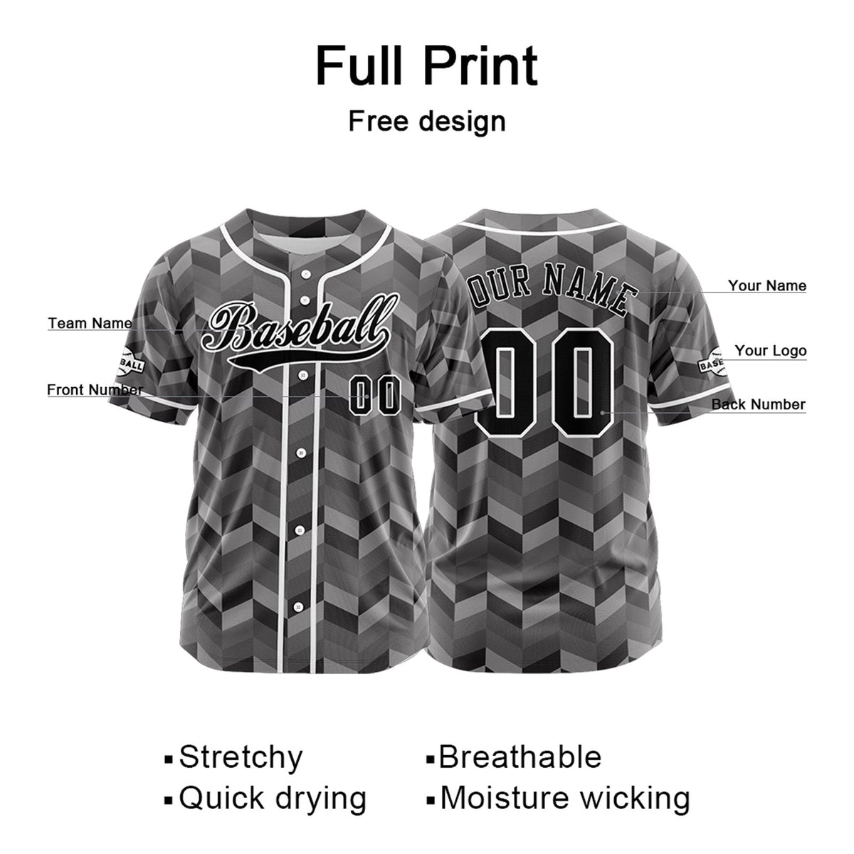 Camiseta de béisbol gris personalizada con botones para hombre mujer adulto y joven Estampado de nombre número y logotipo