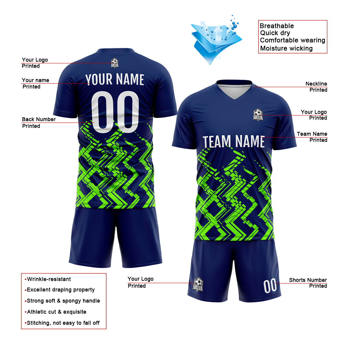 Conjunto personalizado de camiseta de uniforme azul marino y verde neón para niños y adultos