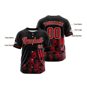 Camiseta de béisbol personalizada negra y roja con botones para hombre mujer adulto y joven Estampado de nombre número y logotipo