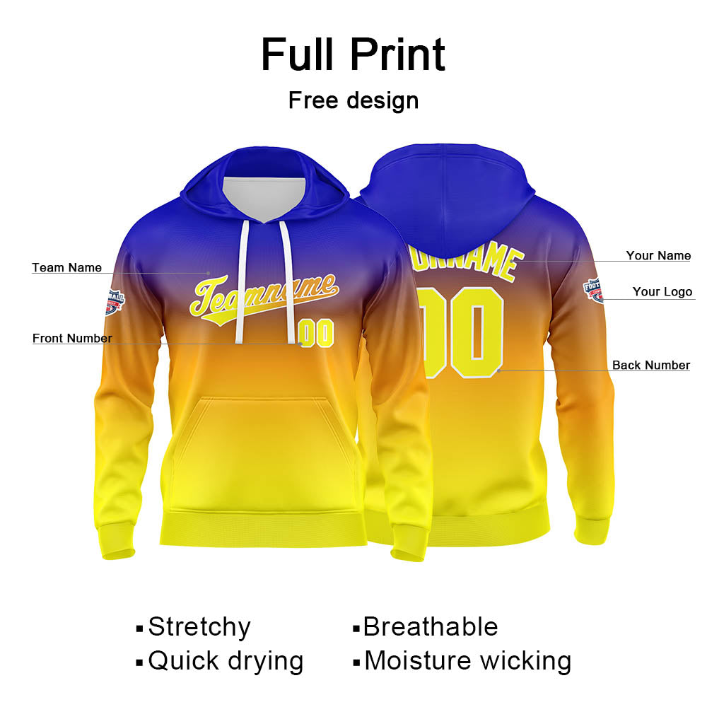 Sudadera con capucha personalizada con degradado para hombre-mujer-niña o niño Estampa tu logotipo-nombre o número en azul-naranja o amarillo