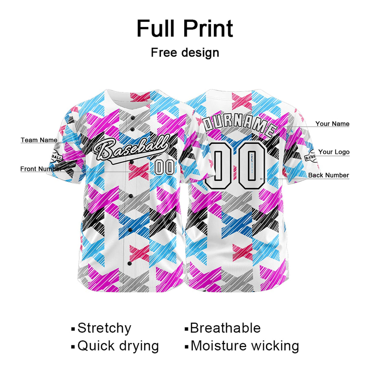 Camiseta de béisbol personalizada blanca y rosa con botones para hombre mujer adulto y joven Estampado de nombre número y logotipo