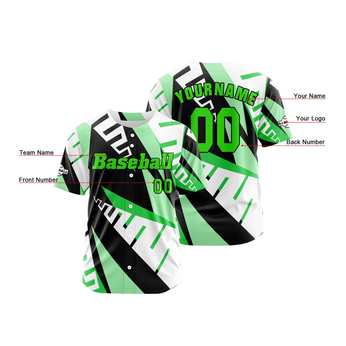 Camiseta de béisbol verde personalizada con botones para hombre mujer adulto y joven Nombre número y logotipo impresos
