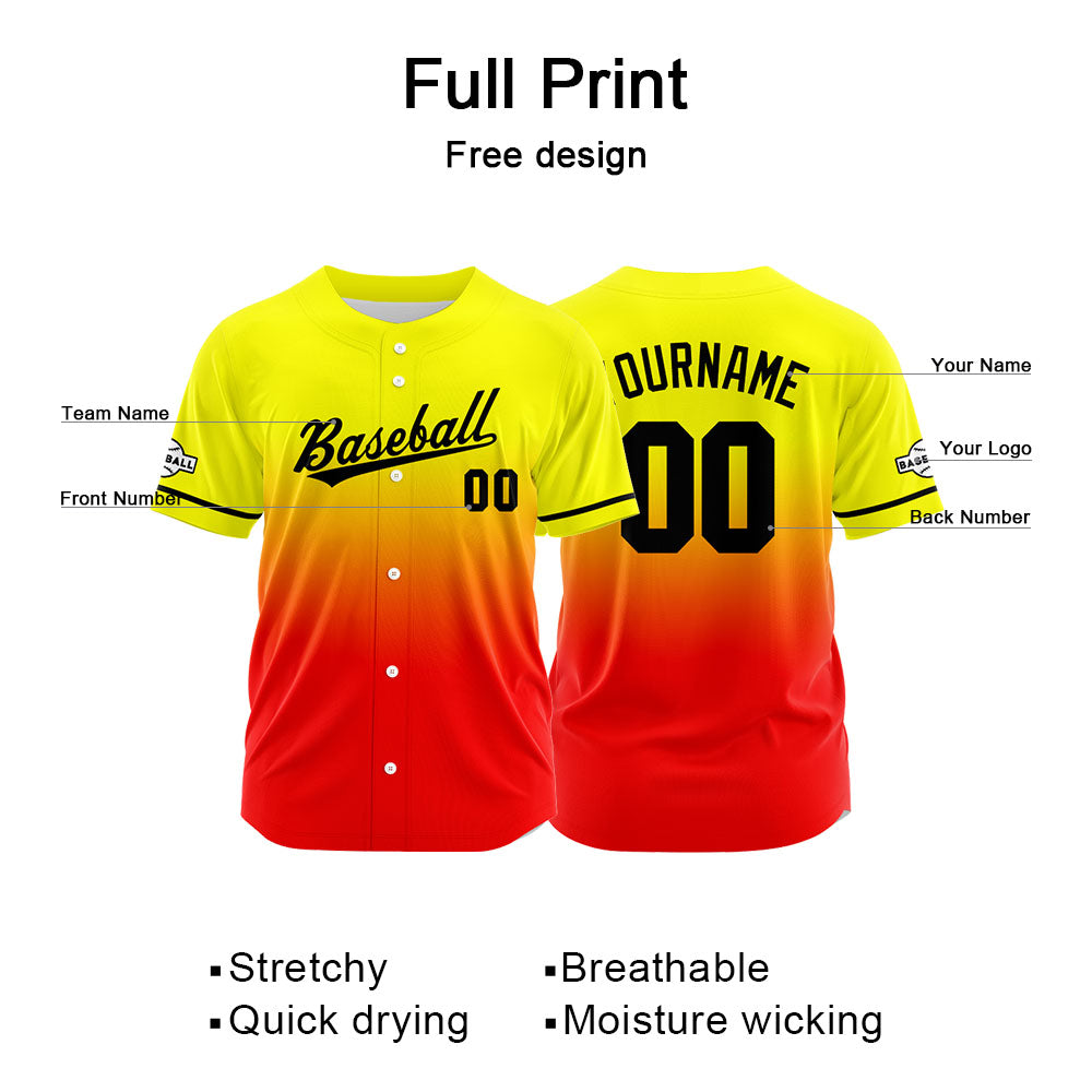 Dise?o personalizado de camiseta de béisbol con estampado completo en amarillo y rojo