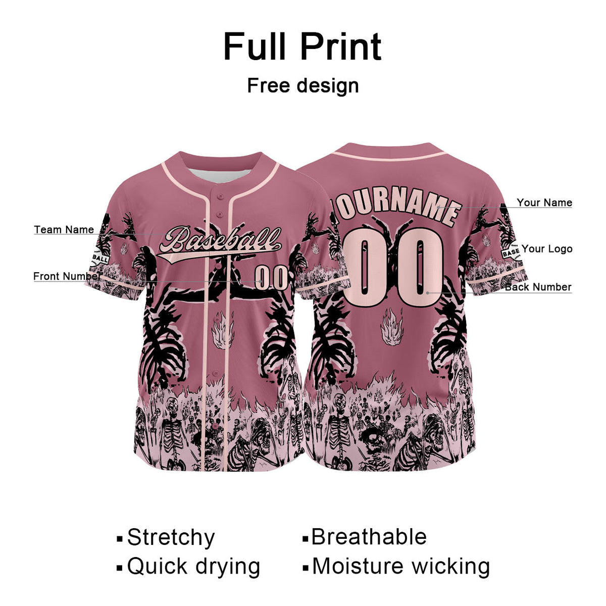 Camiseta de béisbol rosa personalizada con nombre número y logotipo personalizados