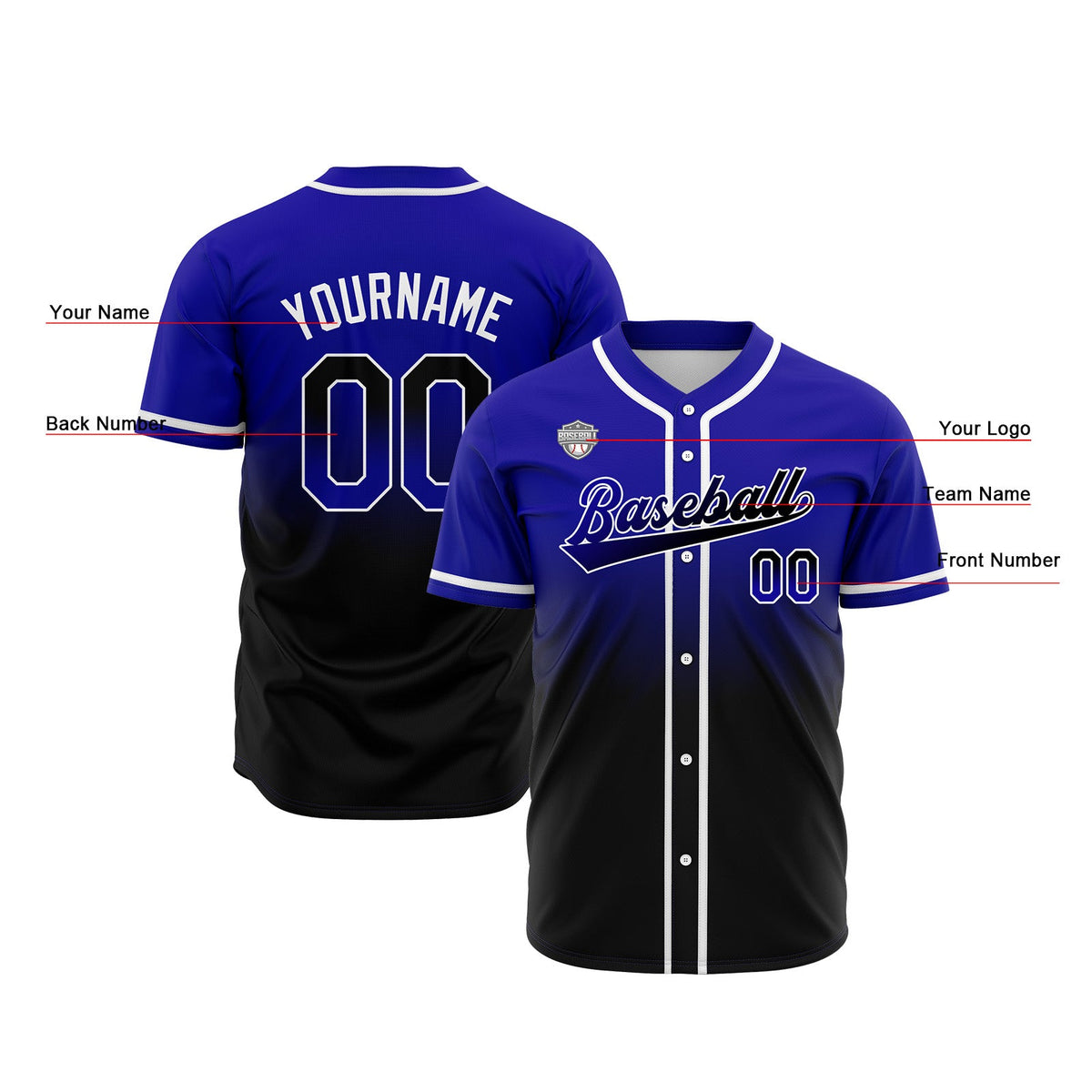 Camisetas de béisbol personalizadas con degradado nombre número y logotipo