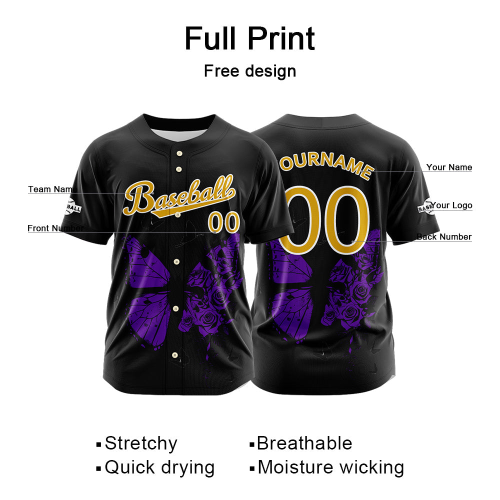 Camiseta de béisbol negra personalizada con botones para hombre mujer adulto y joven Nombre número y logotipo impresos