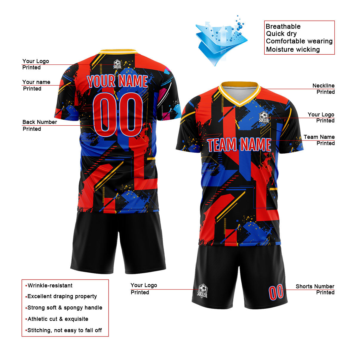 Conjunto personalizado de camiseta de uniforme rojo real para niños y adultos