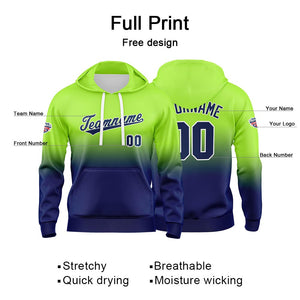 Sudadera con capucha personalizada con degradado para hombre-mujer-niña o niño Estampa tu logotipo-nombre o número en verde neón y azul marino