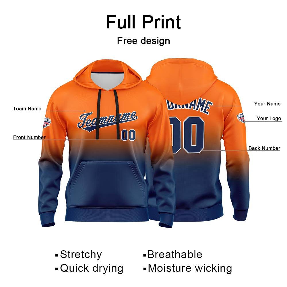 Sudadera con capucha personalizada con degradado para hombre-mujer-niña o niño Estampa tu logotipo-nombre o número Color naranja y azul marino