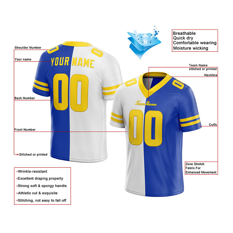 custom authentic split fashion football jersey yellow-white-royal mesh