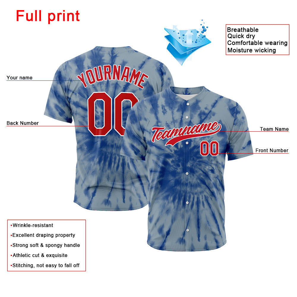Camiseta de béisbol con dise?o personalizado estampado a todo color color gris y azul con efecto tie-dye