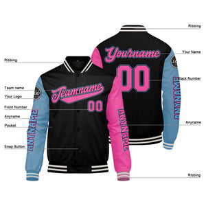 Chaquetas universitarias personalizadas en negro & azul claro y rosa para hombres & mujeres y jóvenes & Chaquetas Letterman personalizadas