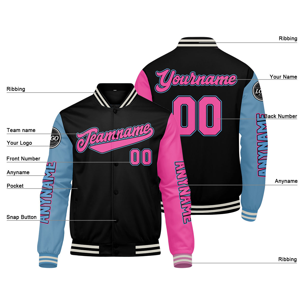 Chaquetas universitarias personalizadas en negro & azul claro y rosa para hombres & mujeres y jóvenes & Chaquetas Letterman personalizadas