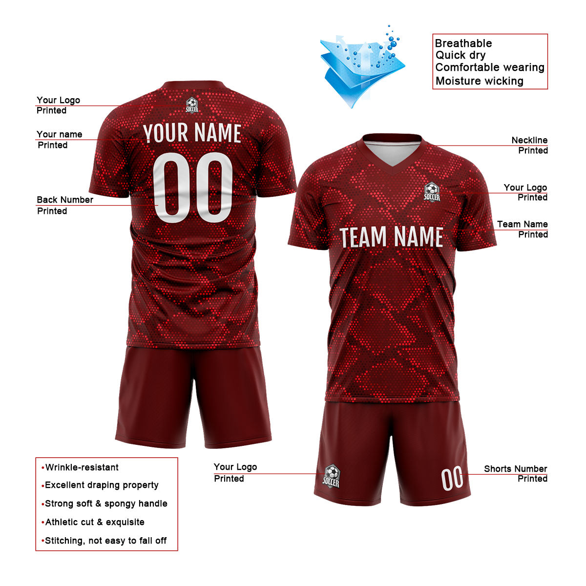 Conjunto personalizado de camiseta de uniforme rojo oscuro para niños y adultos