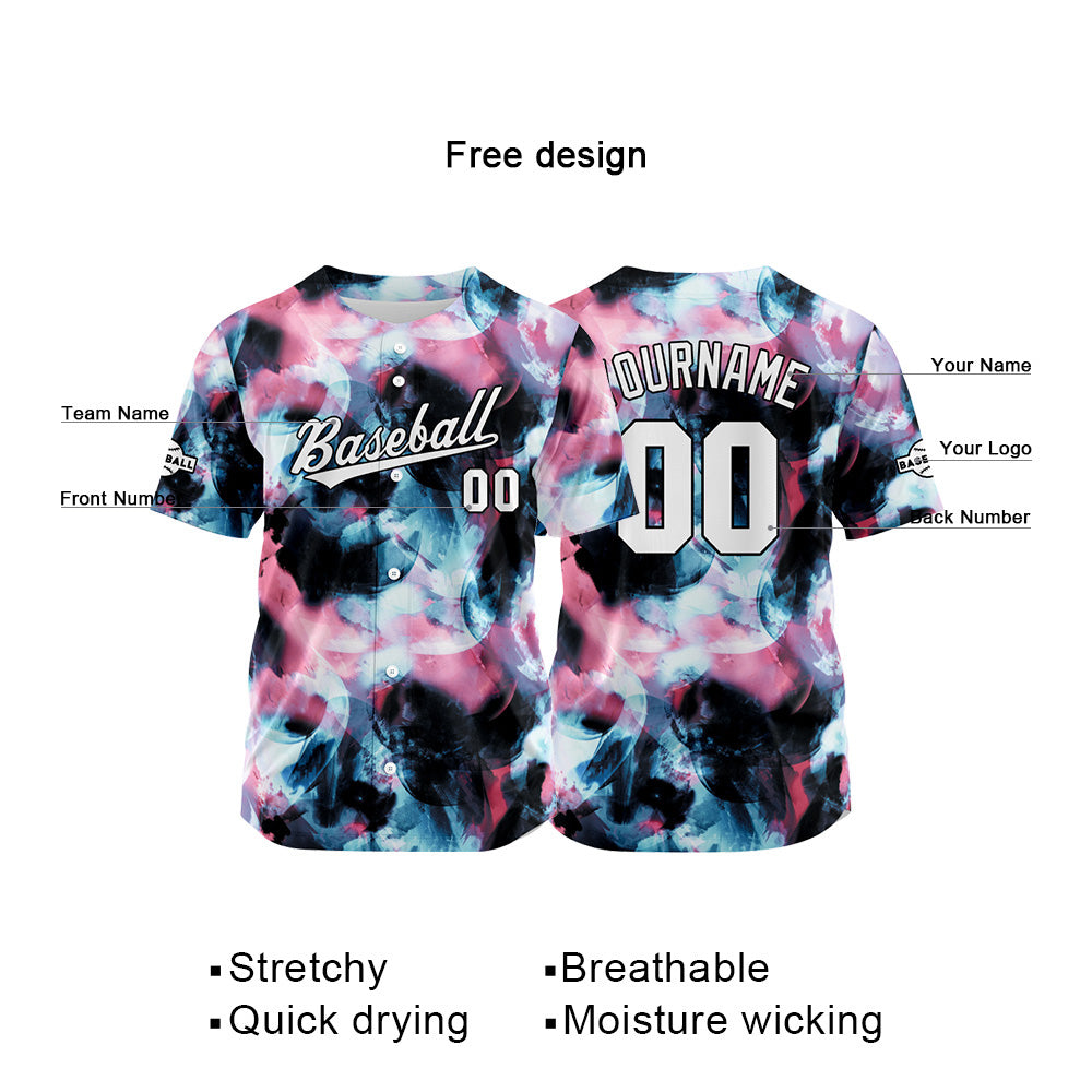 Dise?o personalizado de camiseta de béisbol con estampado completo en rosa negro y azul