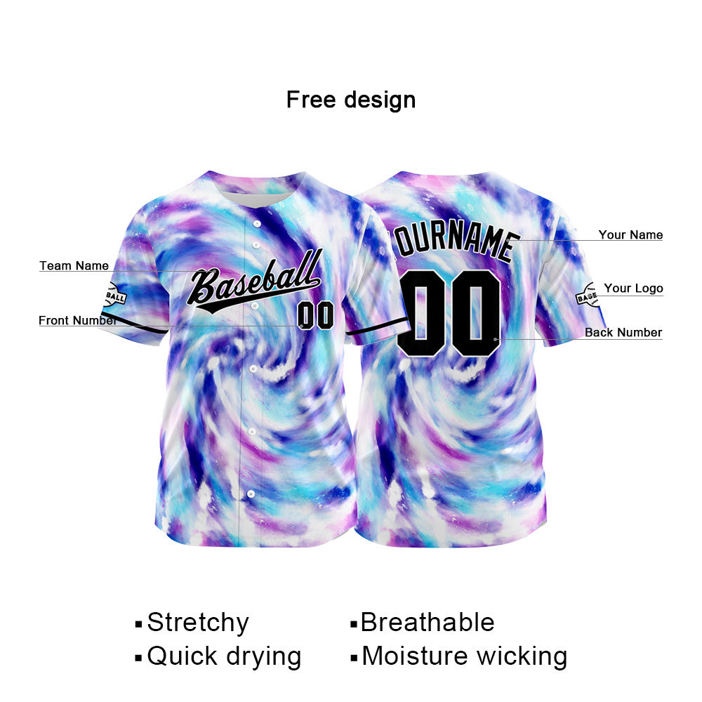 Camiseta de béisbol con dise?o personalizado estampado completo color morado y azul