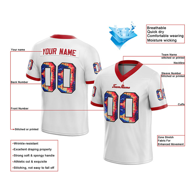 customized authentic tie dye football jersey white-red mesh