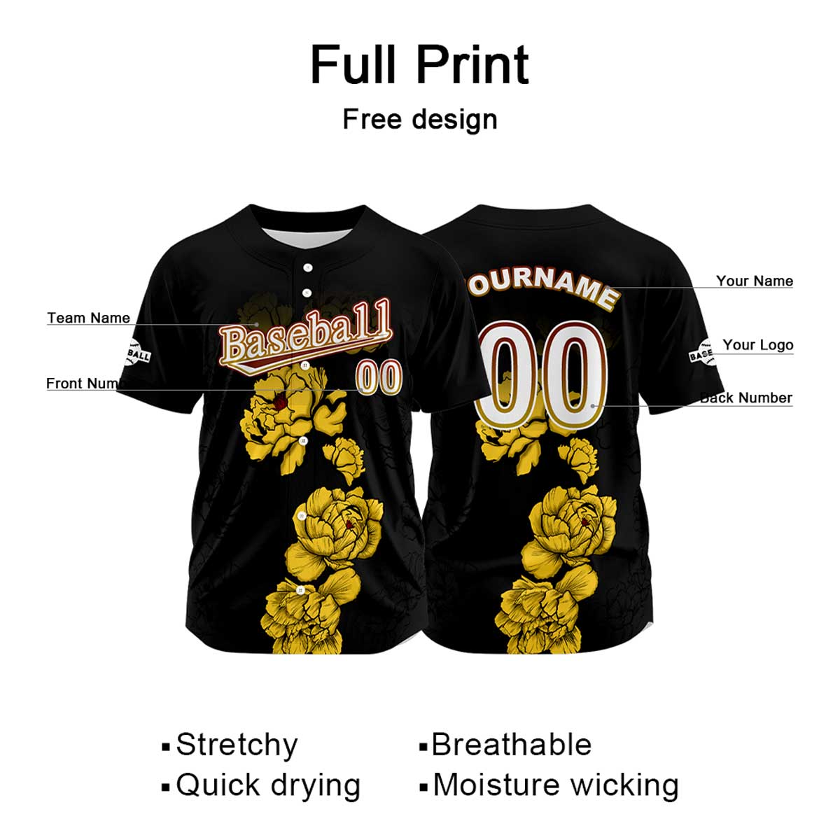 Camiseta de béisbol negra personalizada con nombre número y logotipo personalizados