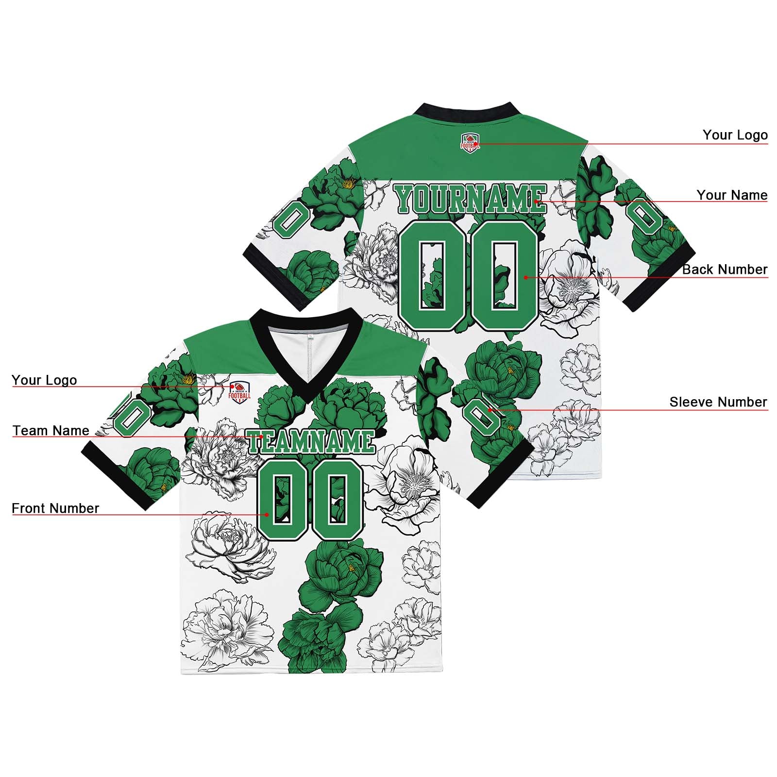 Camiseta de fútbol personalizada con nombre y número del equipo impresos y bordados-color verde