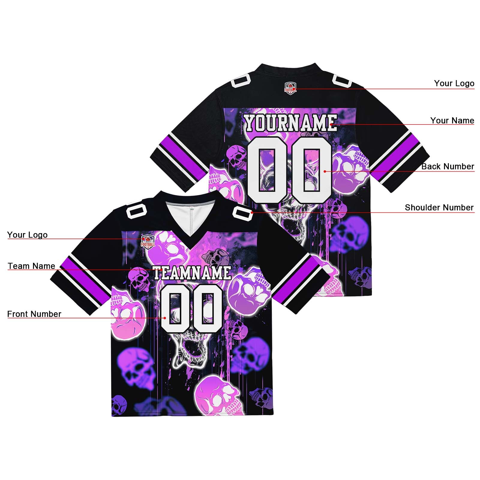 Camiseta de fútbol personalizada con nombre y número del equipo bordados y estampados-estilo grafiti con calavera -Morado