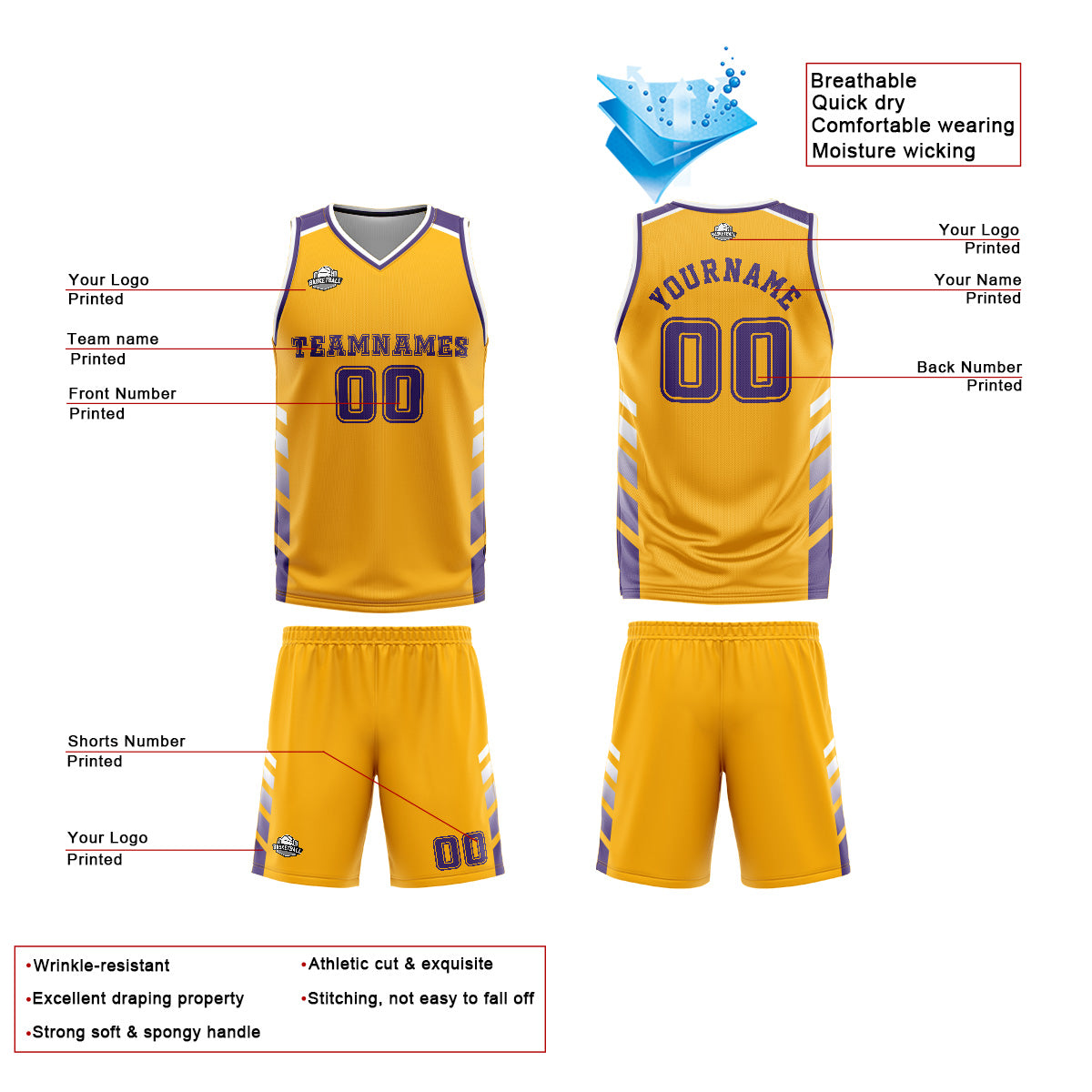 Uniforme de baloncesto personalizado amarillo y morado con tu logotipo-nombre y número impresos