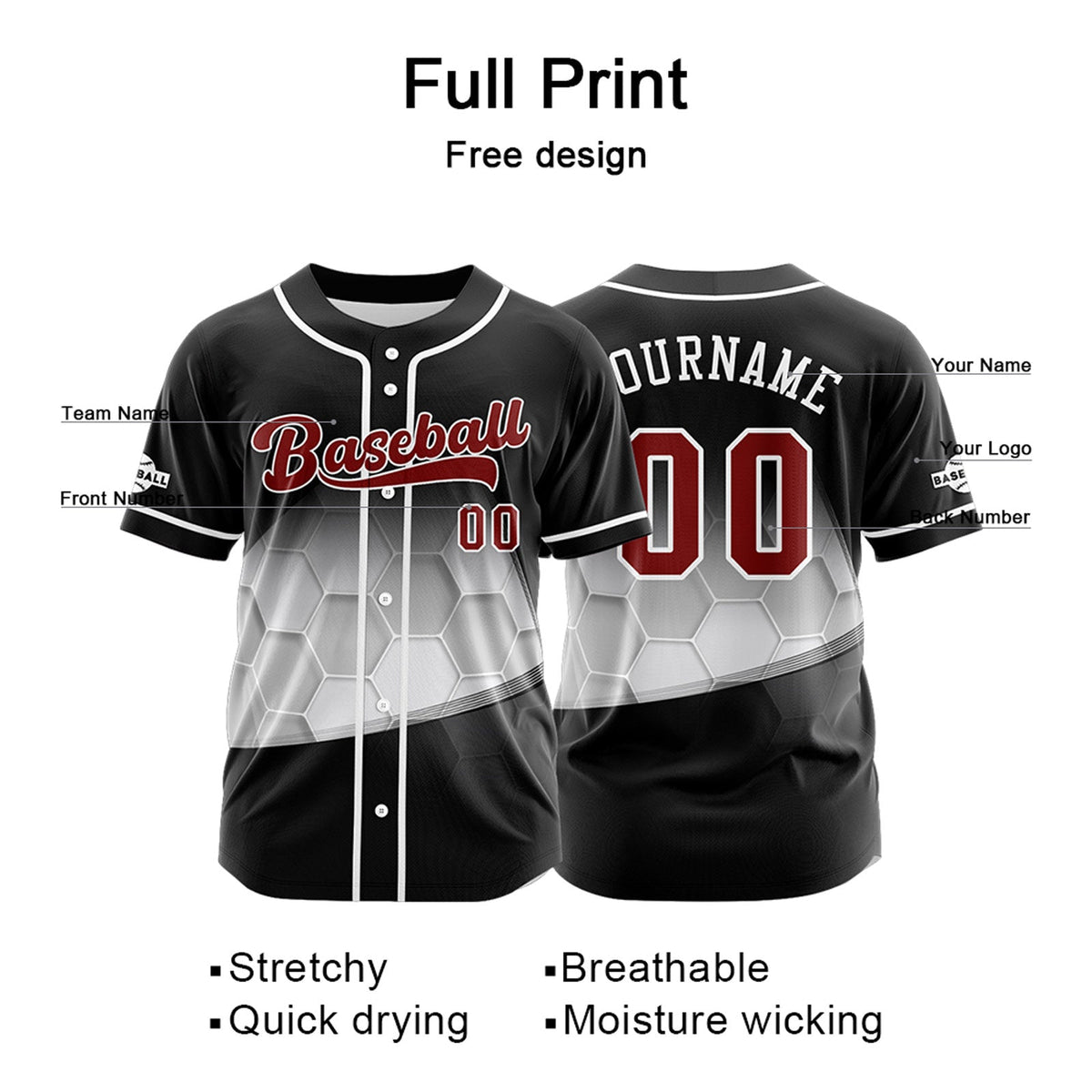 Camiseta de béisbol negra personalizada con botones para hombre mujer adulto y joven Nombre número y logotipo impresos