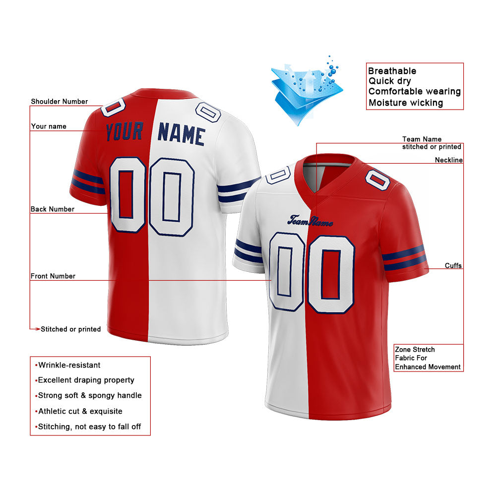 custom authentic split fashion football jersey red-white-royal