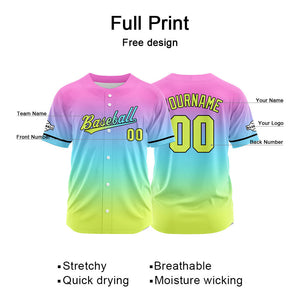 Dise?o personalizado de camiseta de béisbol con estampado completo en amarillo azul claro rosa y morado