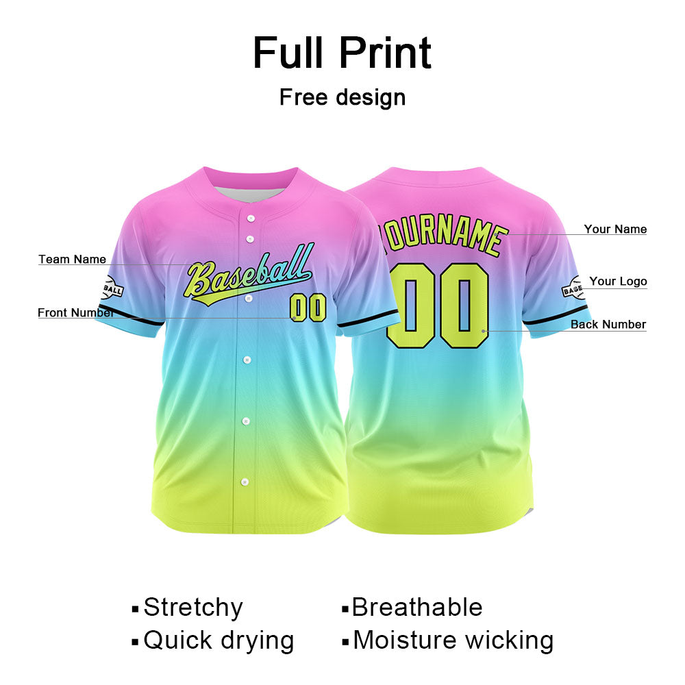 Dise?o personalizado de camiseta de béisbol con estampado completo en amarillo azul claro rosa y morado