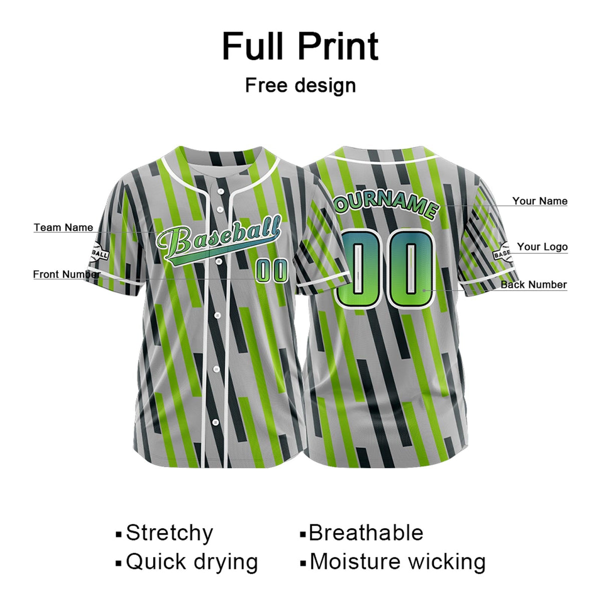 Camiseta de béisbol personalizada gris verdosa con botones para hombre mujer adulto y joven Estampado de nombre número y logotipo