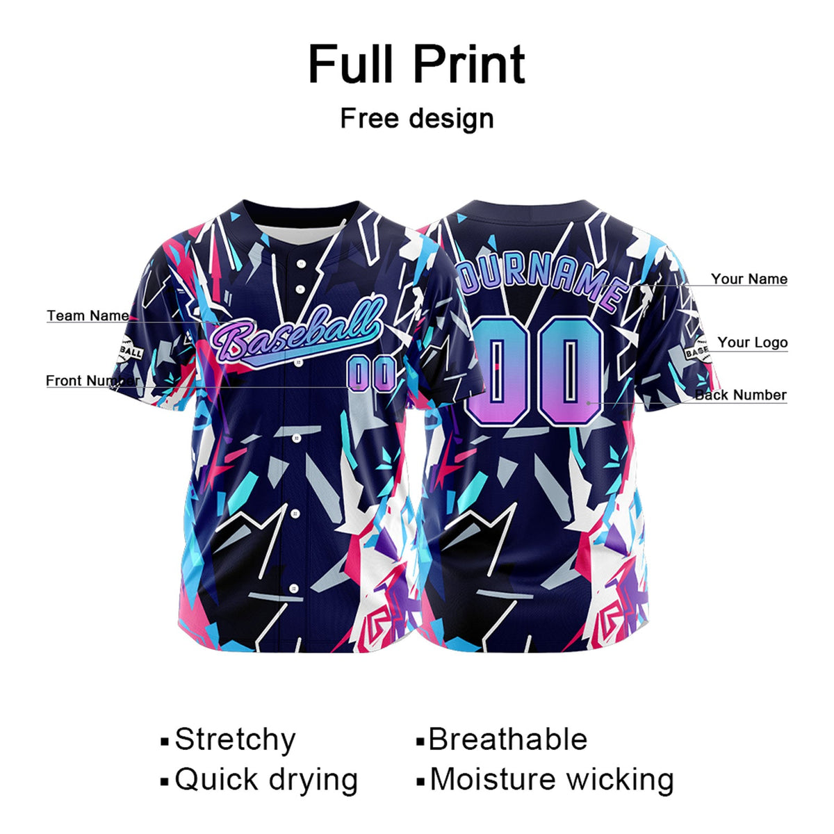Camiseta de béisbol azul oscuro personalizada con botones para hombre mujer adulto y joven Estampado de nombre número y logotipo