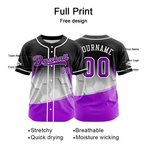 Camiseta de béisbol personalizada negra y morada con botones para hombre mujer adulto y joven con nombre número y logotipo impresos