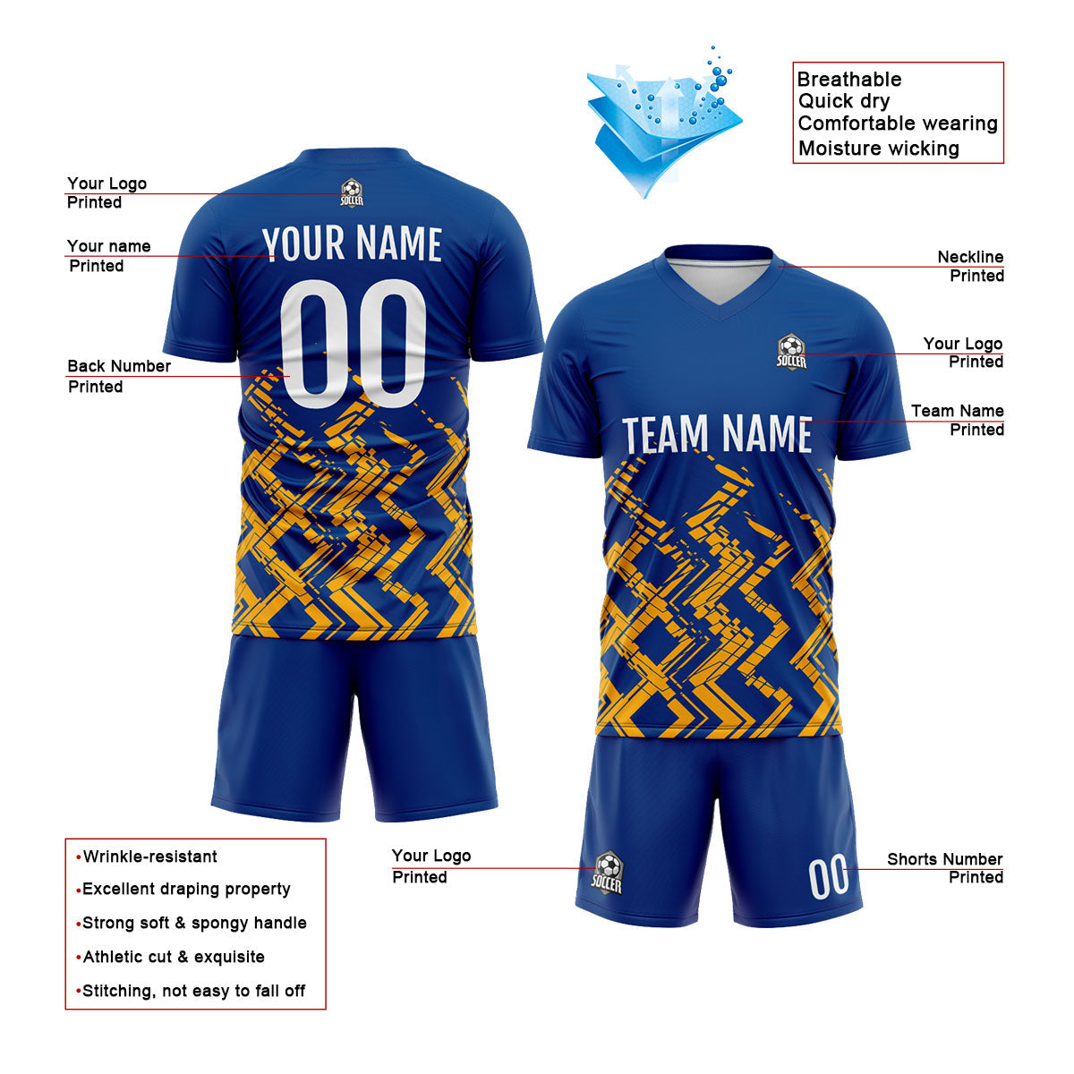 Conjunto personalizado de camiseta de fútbol azul y naranja para niños y adultos