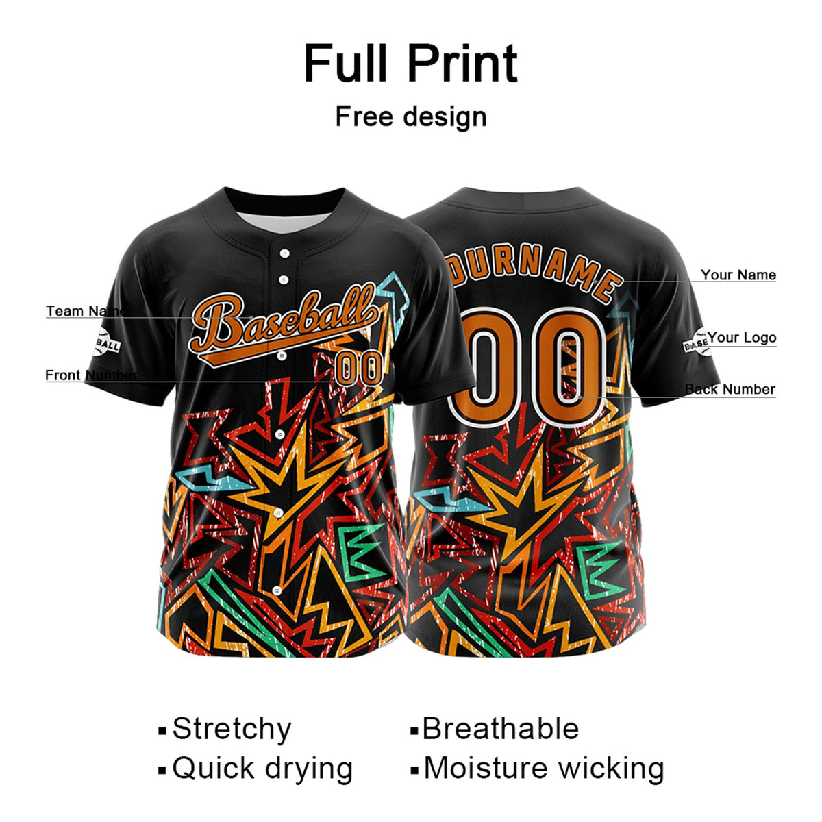 Camiseta de béisbol personalizada negra y naranja con botones para hombre mujer adulto y joven Estampado de nombre número y logotipo