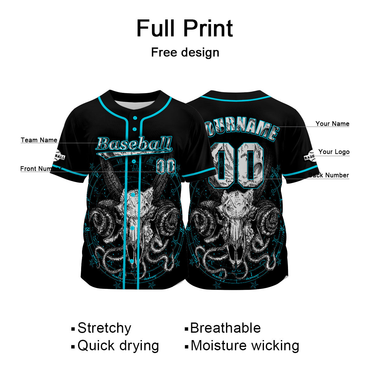 Camiseta de béisbol azul personalizada con nombre número y logotipo personalizados