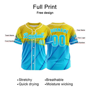 Camiseta de béisbol personalizada amarilla y azul con botones para hombre mujer adulto y joven Estampado de nombre número y logotipo