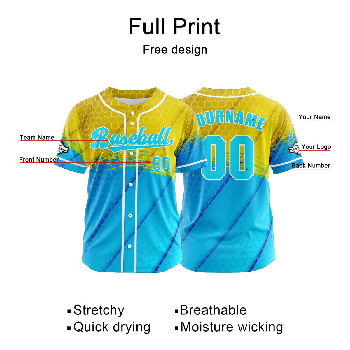 Camiseta de béisbol personalizada amarilla y azul con botones para hombre mujer adulto y joven Estampado de nombre número y logotipo