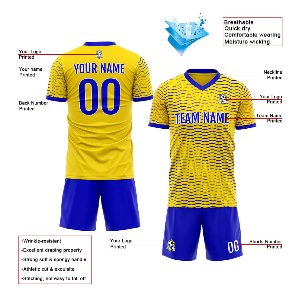 Uniforme de fútbol personalizado para niños y adultos & conjunto personalizado & camiseta amarilla y azul marino